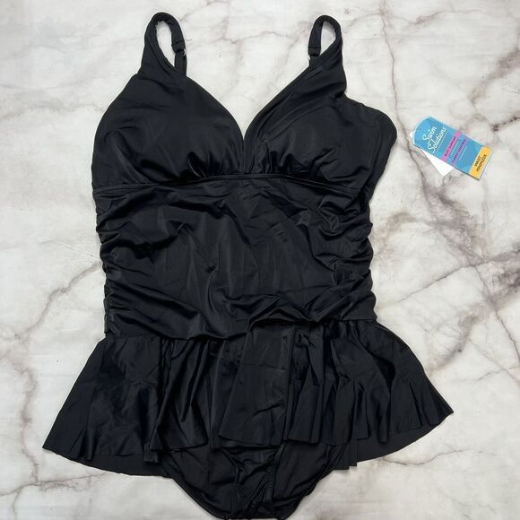 Swim Solutions Plus Size 26W Tummy-Control Skater Swimdress Black One Piece New - Picture 2 of 6